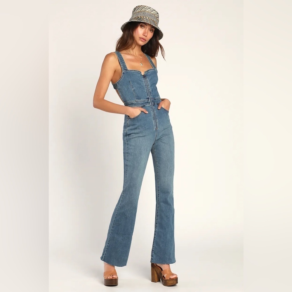 Free People CRVY 2nd Ave Medium Wash Denim Zip-Front Backless Jumpsuit NWT SZ 8